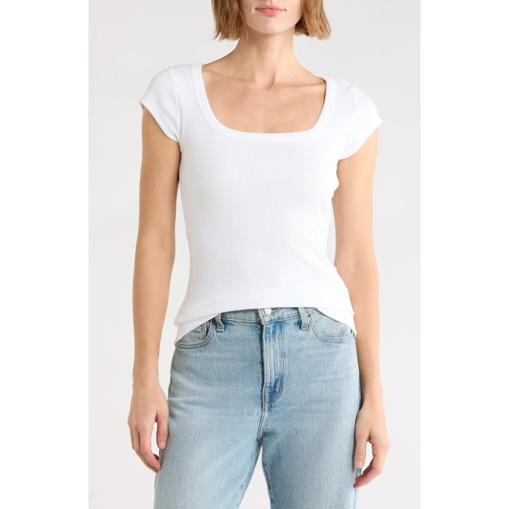 NWT Topshop Square Neck Cap Sleeve Stretch Rib Top Women's XS White Tee